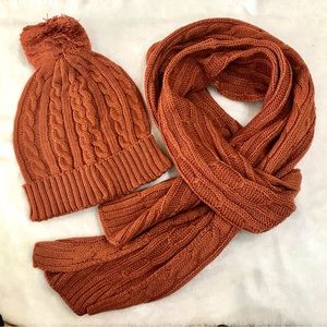 Women Winter Orange Knitted Beanie with Matching Scarf